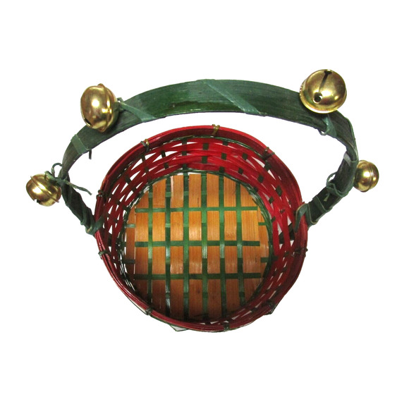 Decorative Basket Wicker Woven Round Red and Green with Handle and Jingle Bells - Picture 3 of 4